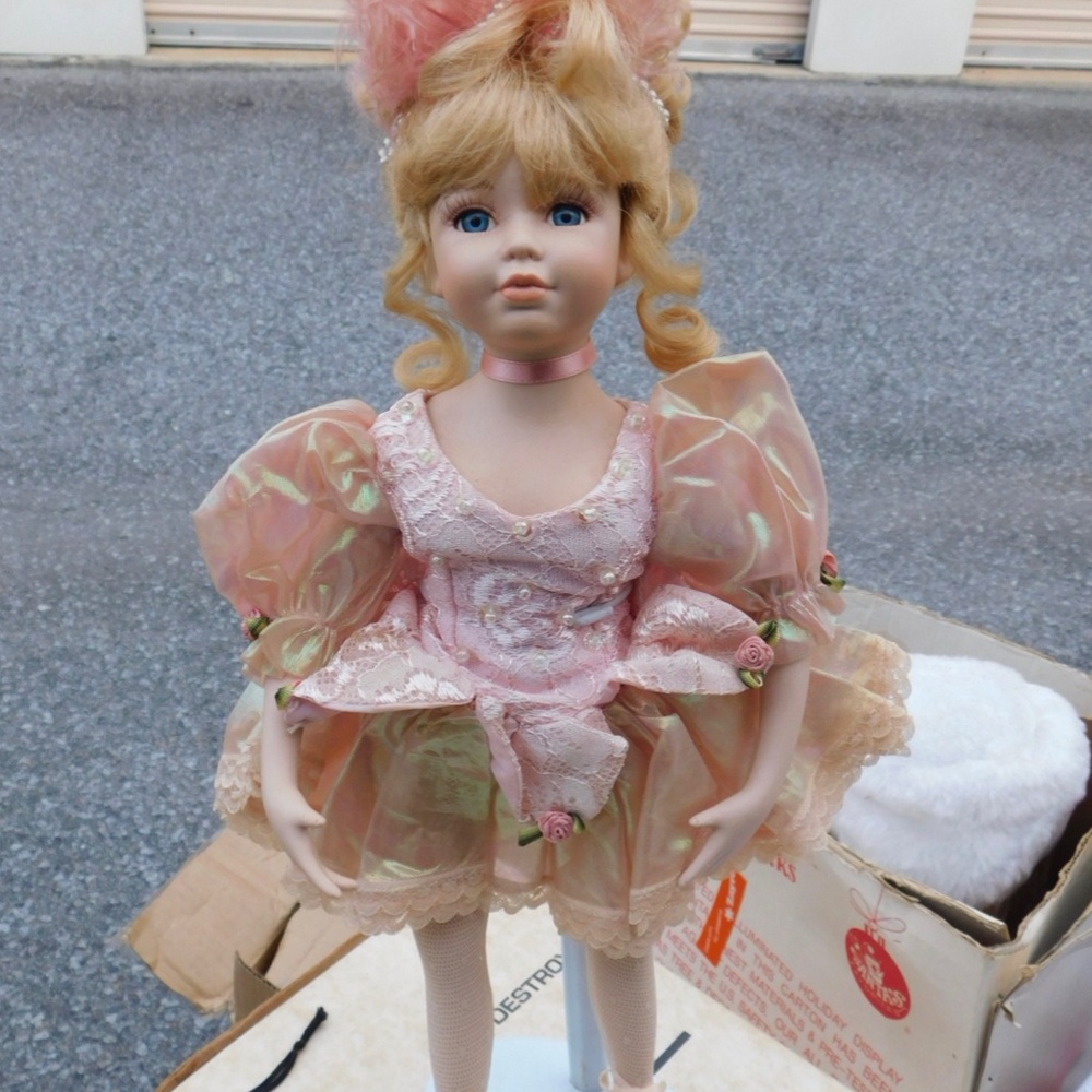 Ballerina Porcelain Doll on Stand Ostrich Feathers in Hair